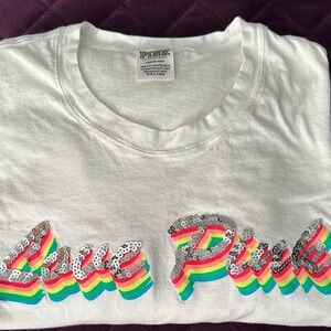 Women PINK by Victoria's Secret White Long Sleeve Tee with Bling Logo Size Large